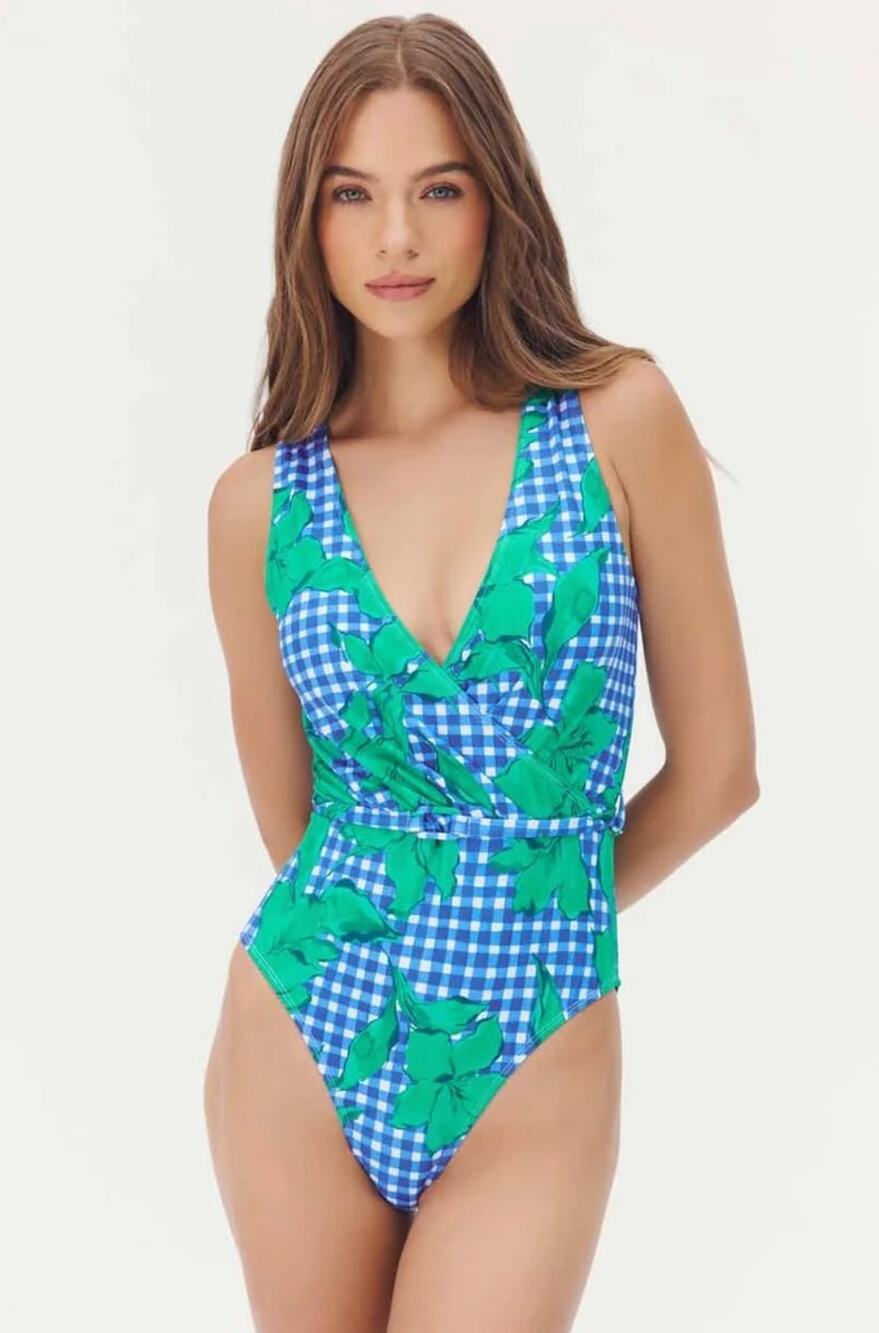 HUTCH Salena One Piece Swimsuit in Gingham Floral Size Large NEW